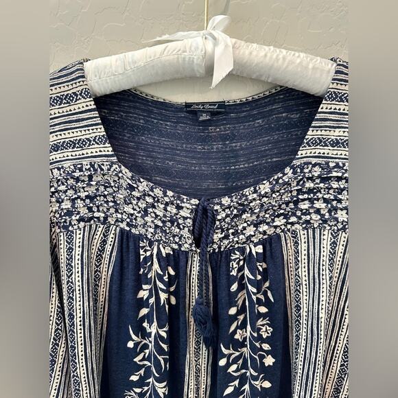 LUCKY BRAND | Boho Floral Stripe Peasant Top Blue White Tunic Plus Size | 1X - Picture 4 of 6